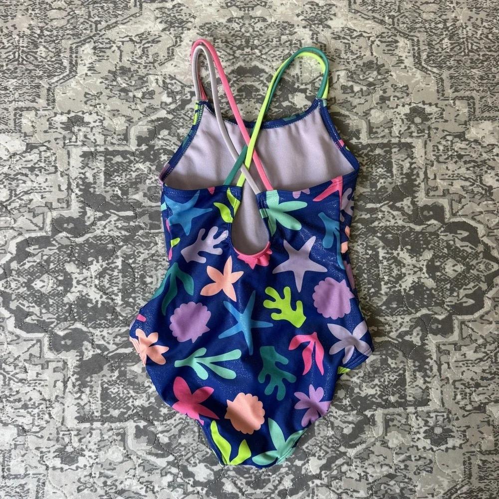 Cat & Jack Girls Sz S (6/7) One Piece Ocean Sea Shell Coral Theme Swim Suit
